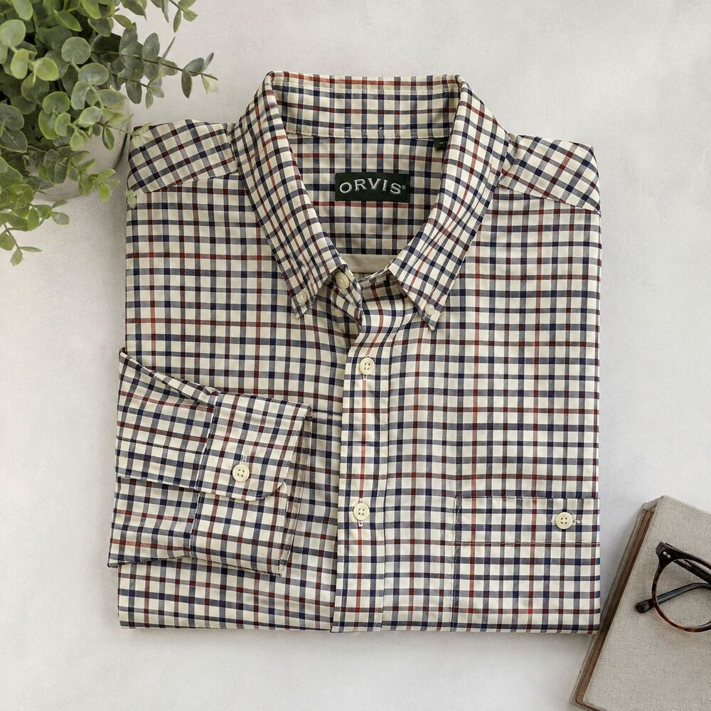 Orvis Mens XL Long Sleeve Button Down Shirt Plaid Gold Green Blue Classic Fit